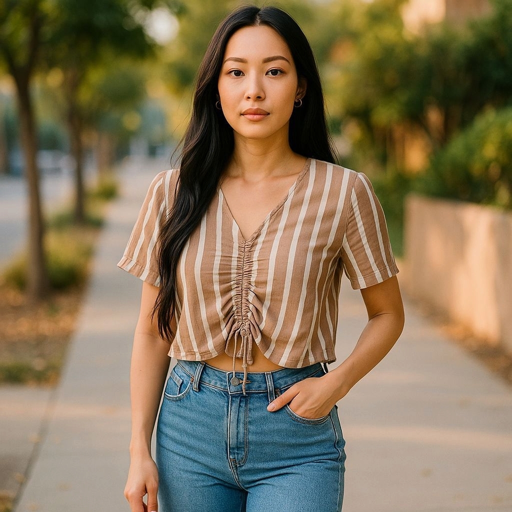 Striped Tan BCBG V-Neck Ruched Crop Top